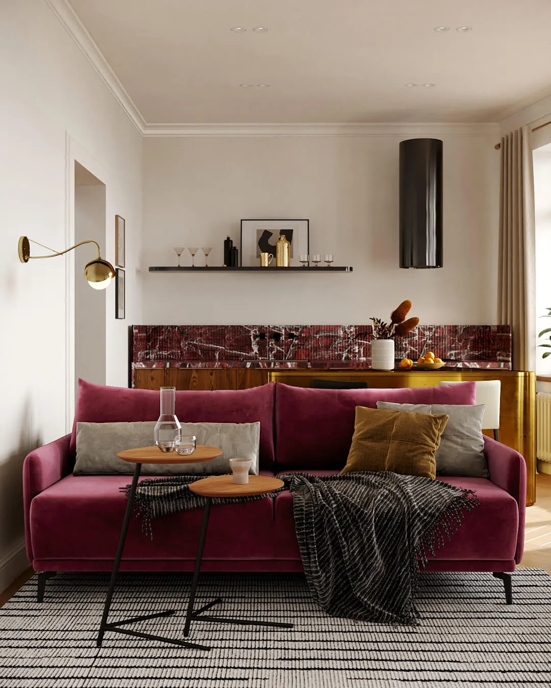 253189 malinovyj divan archi v interere