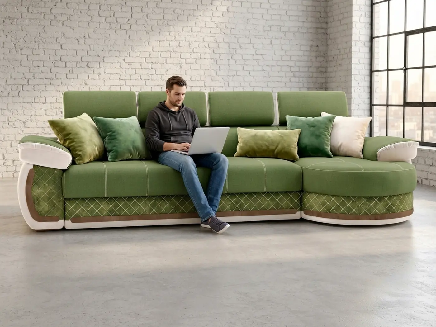 Диван Айпетри Люкс угловой 325 см зелёный дельфин шенилл купить в Минске — в интерьере гостиной